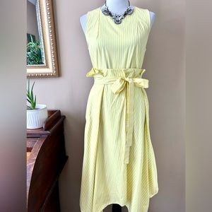 COS Yellow Striped Sleeveless Midi Dress Pleated Paperbag Waist Size 10